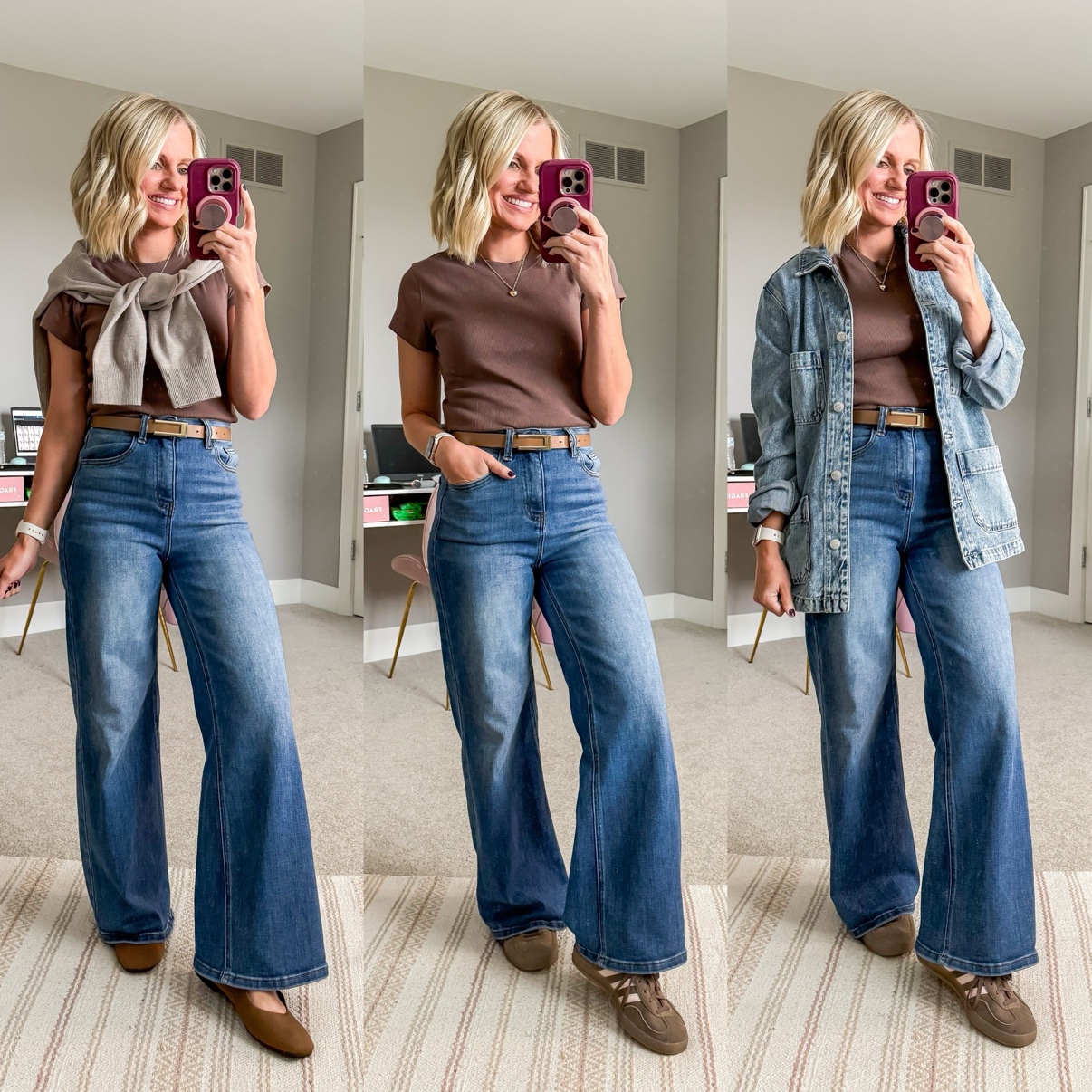 Three fall outfits with medium-wash wide-leg jeans: a mauve tee with beige cardigan draped over the shoulders, tan belt, and brown Mary Jane flats; a mauve tee with tan belt and brown sneakers; a mauve tee with denim chore jacket, tan belt, and brown sneakers.