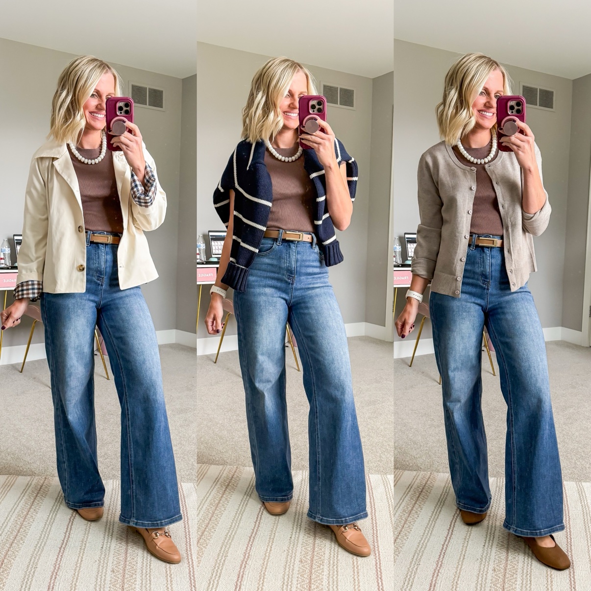 Three fall outfits with medium-wash wide-leg jeans: a mauve tee with pearl necklace, cream chore jacket, tan belt, and taupe loafers; a mauve tee with pearl necklace, striped sweater draped over the shoulders, tan belt, and taupe loafers; a mauve tee with pearl necklace, beige cardigan, tan belt, and brown Mary Jane flats.