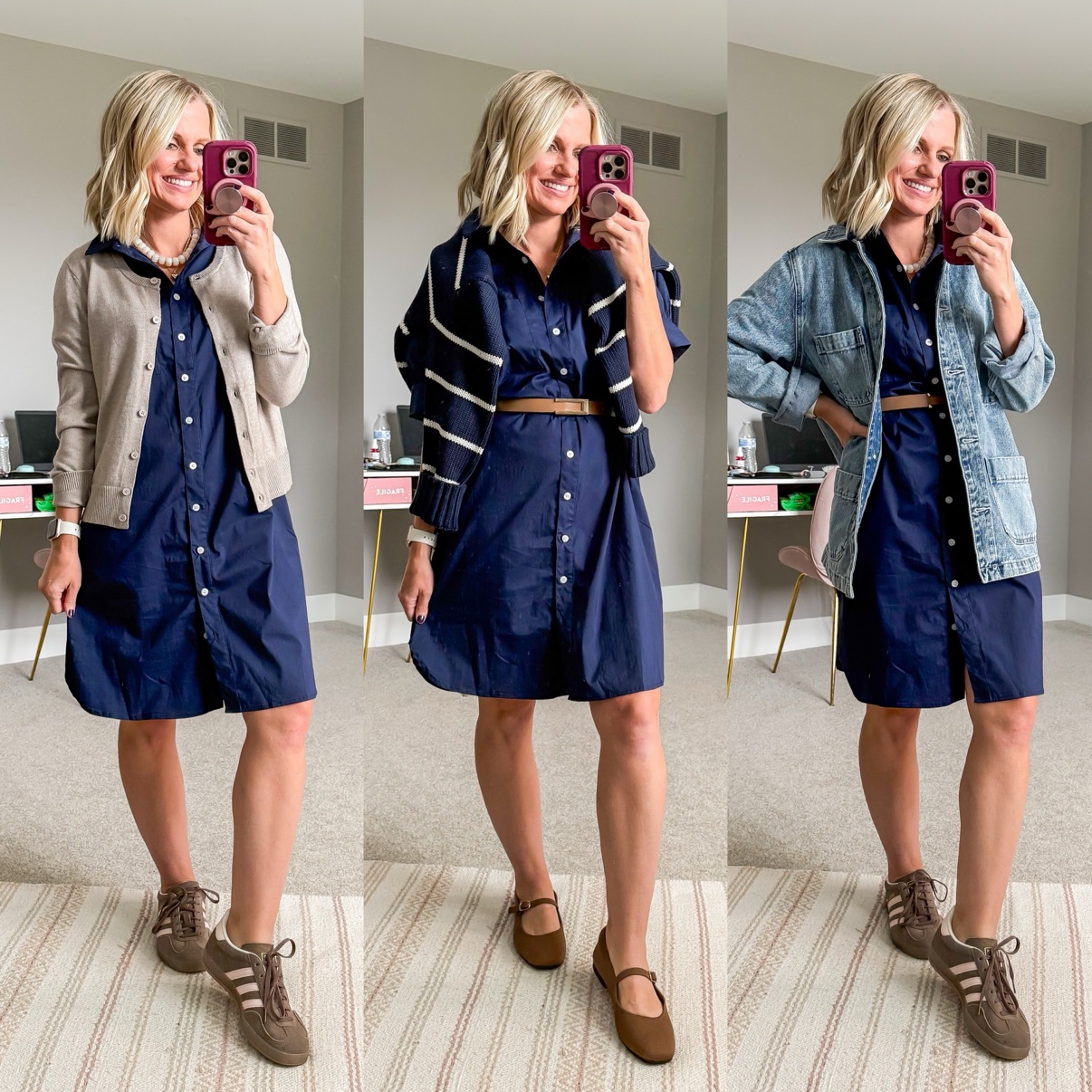 Three fall outfits with a navy short-sleeve shirt dress: styled with pearl necklace, beige cardigan, and brown sneakers; with a striped sweater draped over the shoulders, tan belt, and brown Mary Jane flats; with pearl necklace, denim chore jacket, tan belt, and brown sneakers.