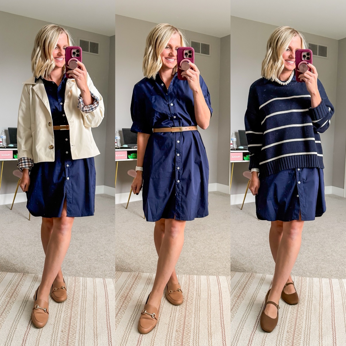 Three fall outfits with a navy short-sleeve shirt dress: styled with cream chore jacket, tan belt, and taupe loafers; with tan belt and taupe loafers; with pearl necklace, a navy striped sweater, and brown Mary Jane flats.