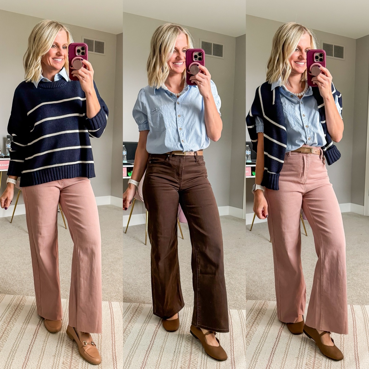 Three fall outfits with wide-leg pants: a navy striped sweater over a chambray shirt with dusty pink corduroy pants and taupe loafers; a chambray shirt with tan belt, dark brown wide-leg pants, and brown Mary Jane flats; a chambray shirt with pearl necklace, a striped sweater draped over the shoulders, tan belt, dusty pink corduroy pants, and brown Mary Jane flats.