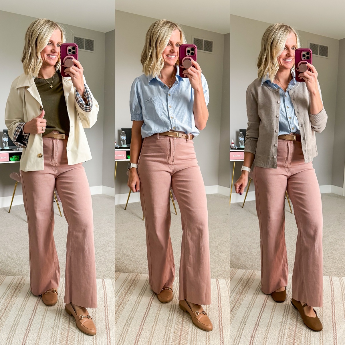 Three fall outfits with dusty pink corduroy wide-leg pants: an olive tee with cream chore jacket, tan belt, and taupe loafers; a chambray shirt with tan belt and taupe loafers; a chambray shirt with beige cardigan, tan belt, and brown Mary Jane flats.
