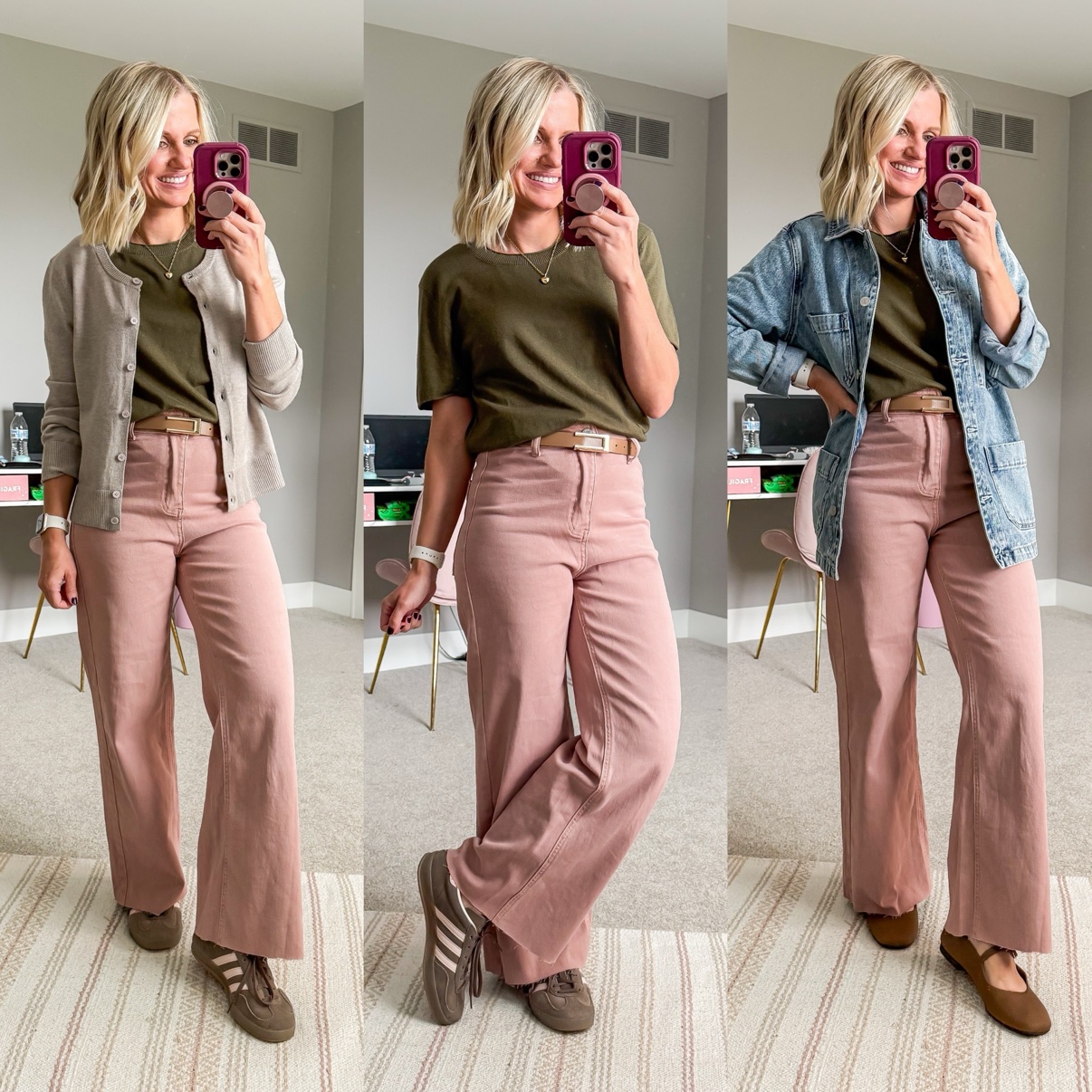 Three fall outfits with dusty pink corduroy wide-leg pants: an olive tee with beige cardigan, tan belt, and brown sneakers; an olive tee with tan belt and brown sneakers; an olive tee with denim chore jacket, tan belt, and brown Mary Jane flats.