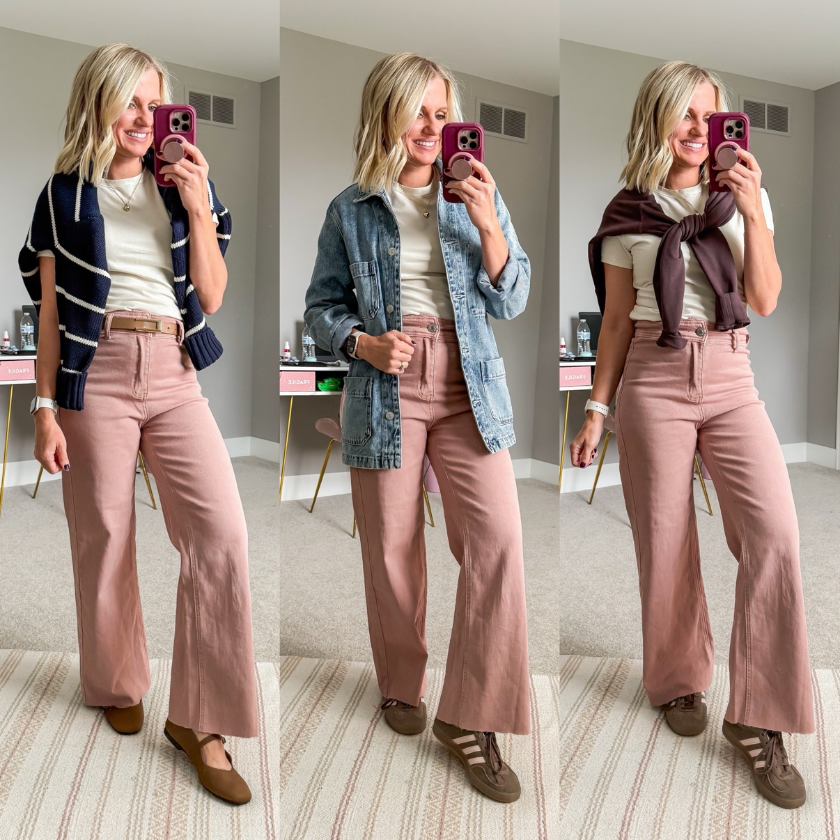 Three fall outfits with dusty pink corduroy wide-leg pants: a white tee with a striped sweater draped over the shoulders, tan belt, and brown Mary Jane flats; a white tee with denim chore jacket and brown sneakers; a white tee with a burgundy sweatshirt draped over the shoulders and brown sneakers.