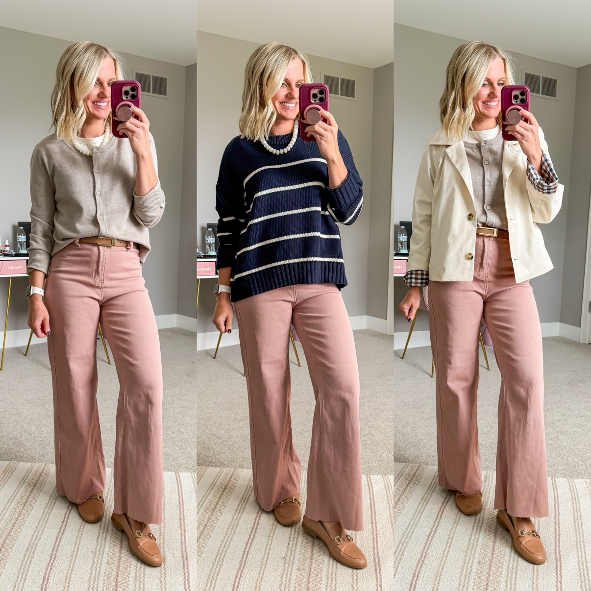 Three fall outfits with dusty pink corduroy wide-leg pants: a white tee with pearl necklace, beige cardigan, tan belt, and taupe loafers; a navy striped sweater with pearl necklace and taupe loafers; a white tee with beige cardigan, cream chore jacket layered over it, tan belt, and taupe loafers.