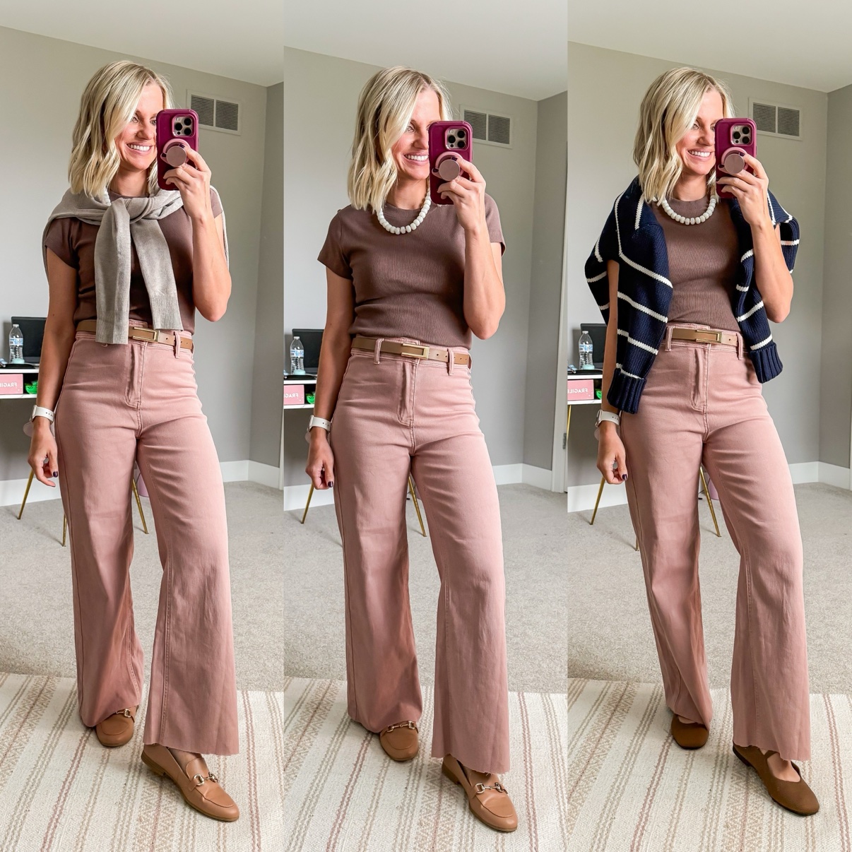 Three fall outfits with dusty pink corduroy wide-leg pants: a mauve tee with beige cardigan draped over the shoulders, tan belt, and taupe loafers; a mauve tee with pearl necklace, tan belt, and taupe loafers; a mauve tee with pearl necklace, a striped sweater draped over the shoulders, tan belt, and brown Mary Jane flats.