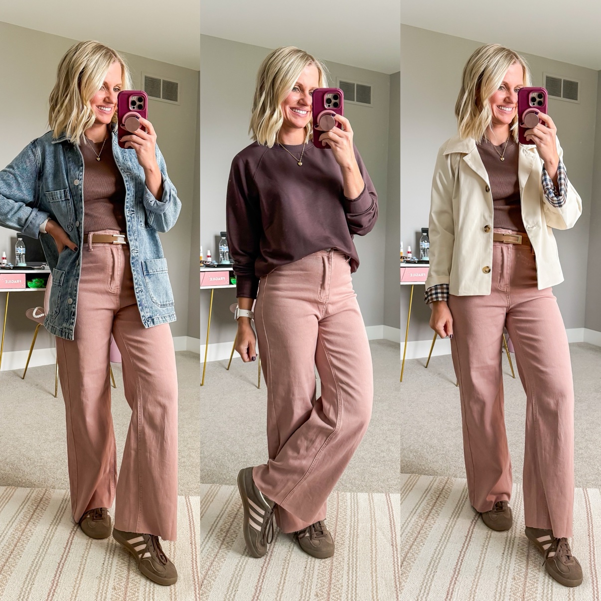Three fall outfits with dusty pink corduroy wide-leg pants: a mauve tee with denim chore jacket, tan belt, and brown sneakers; a burgundy sweatshirt with brown sneakers; a mauve tee with cream chore jacket, tan belt, and brown sneakers.