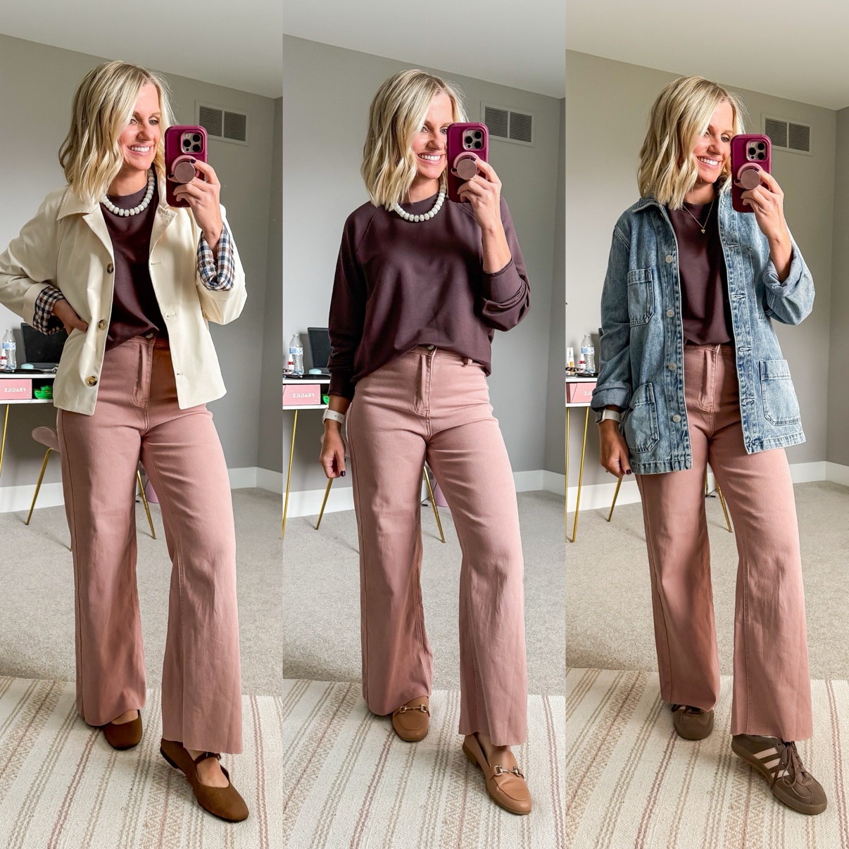 Three fall outfits with dusty pink corduroy wide-leg pants: a burgundy sweatshirt with pearl necklace, cream chore jacket, and brown Mary Jane flats; a burgundy sweatshirt with pearl necklace and taupe loafers; a burgundy sweatshirt with denim chore jacket and brown sneakers.