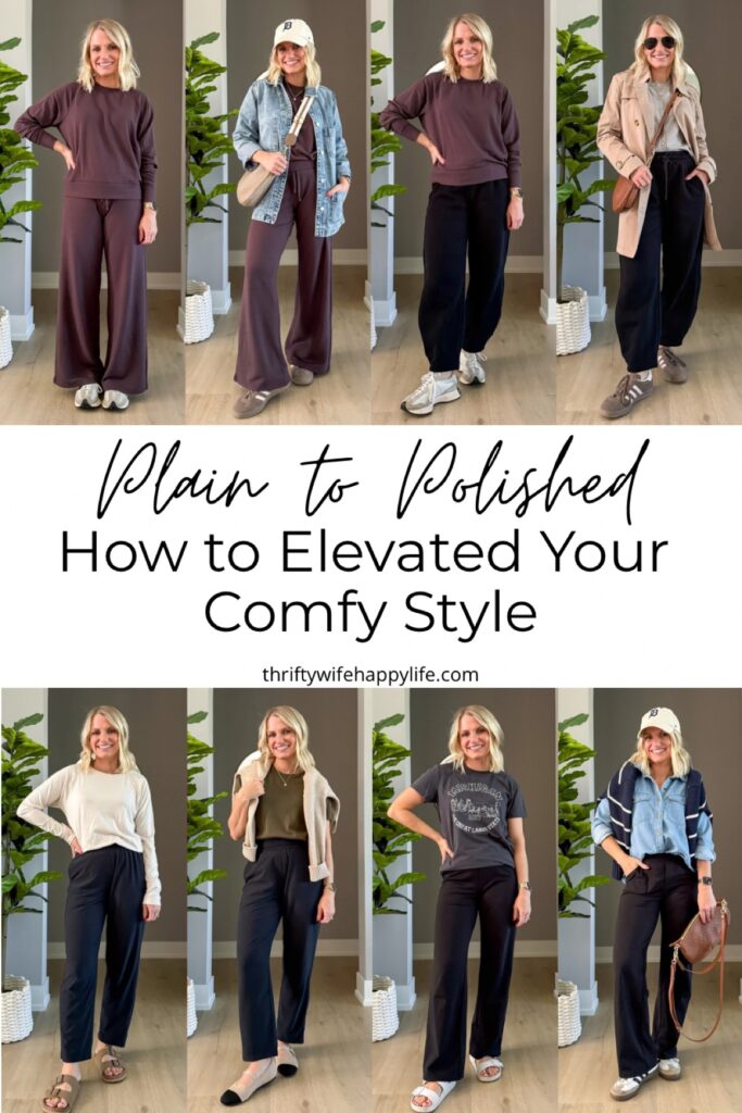 Plain to polished comfy outfit ideas: lounge sets and black pants styled plain and then elevated with jackets, layers, and accessories