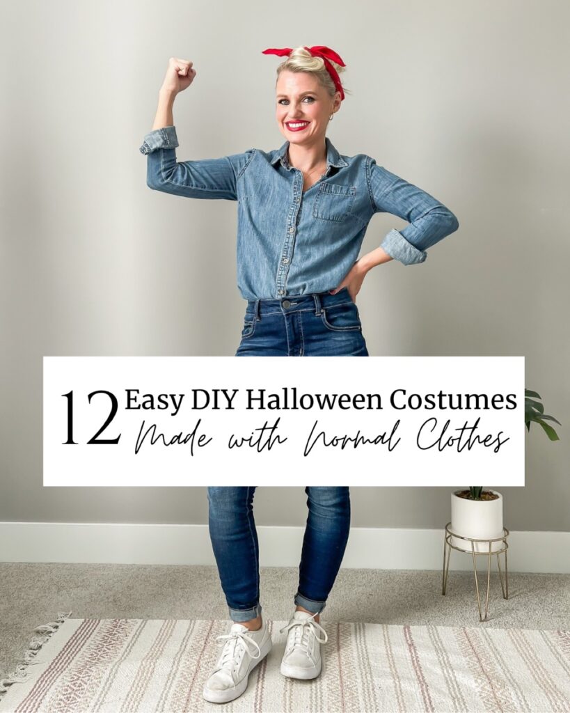 Rosie the Riveter Halloween costume with a denim shirt, jeans and red bandana, with text that reads 12 Easy DIY Halloween Costumes Made with Normal Clothes