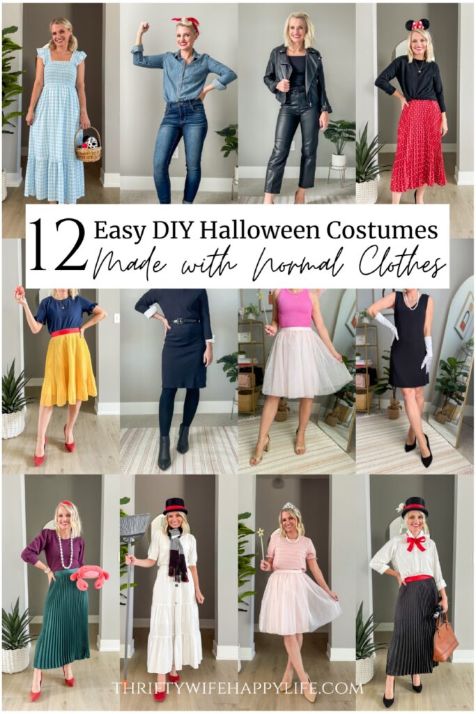 Collage of 12 easy DIY Halloween costumes made with normal clothes, including Dorothy, Rosie the Riveter, Wednesday Addams, Minnie Mouse and Mary Poppins.