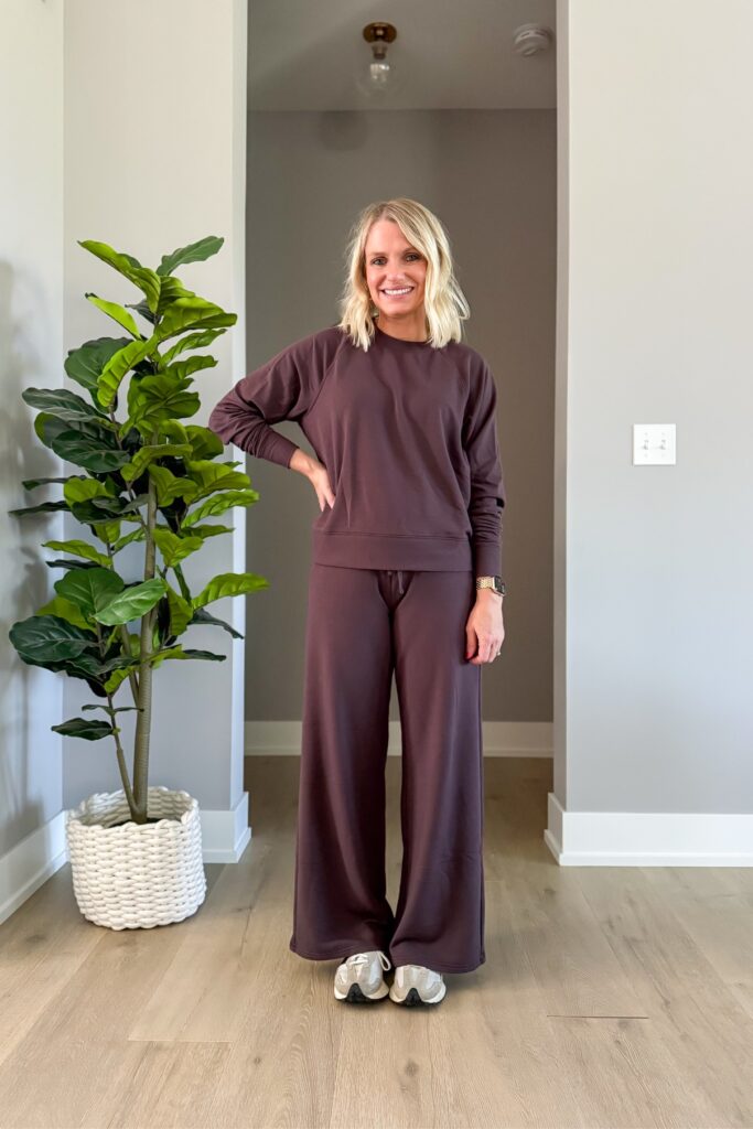 Matching brown sweatshirt and wide-leg lounge pants with sneakers